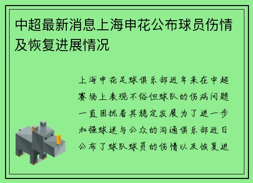 中超最新消息上海申花公布球员伤情及恢复进展情况